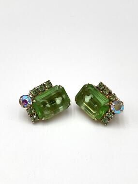 Vintage Clips Clip Ons Earrings Green Rectangle Crystals AB crystal Estate